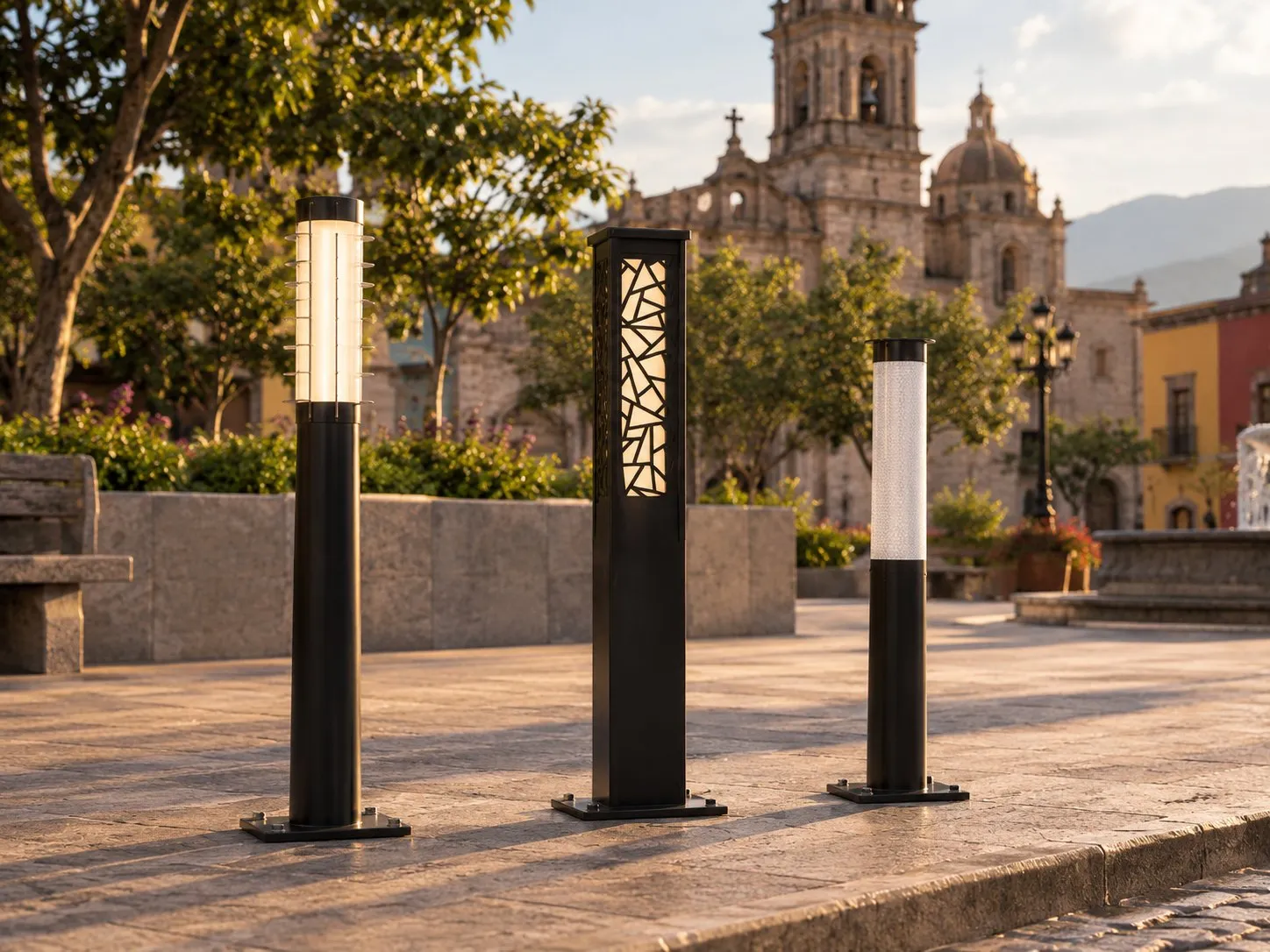 Bolardo metálico iluminado instalado en exterior