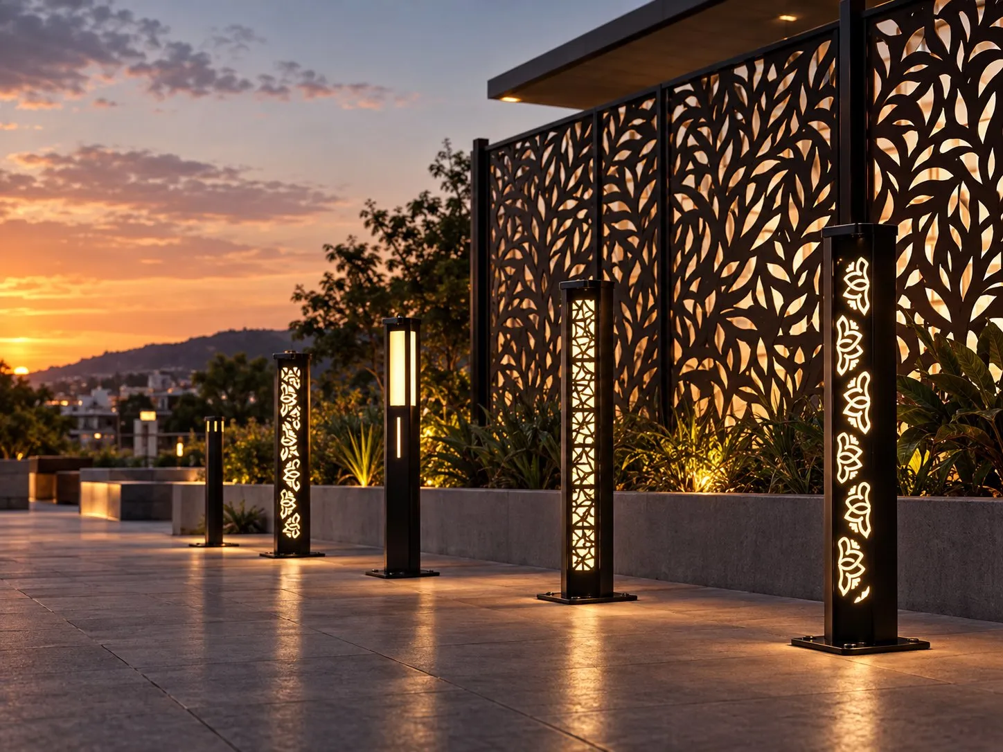 Bolardos luminosos y celosía metálica calada a láser instalados en una plaza al atardecer
